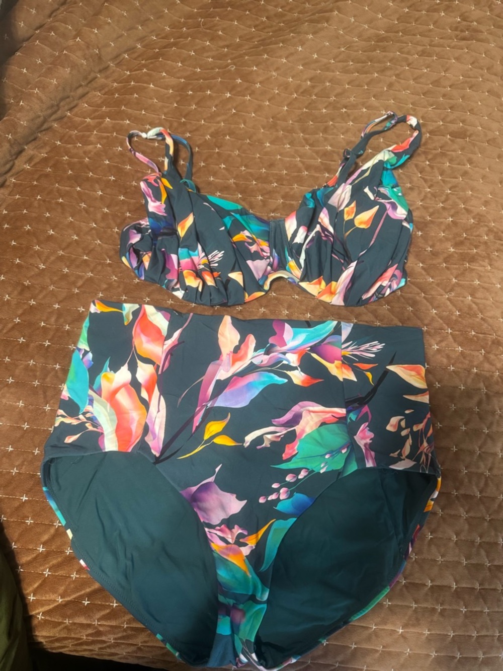 High-Waist Floral Swim Bikini - Teal Multi
